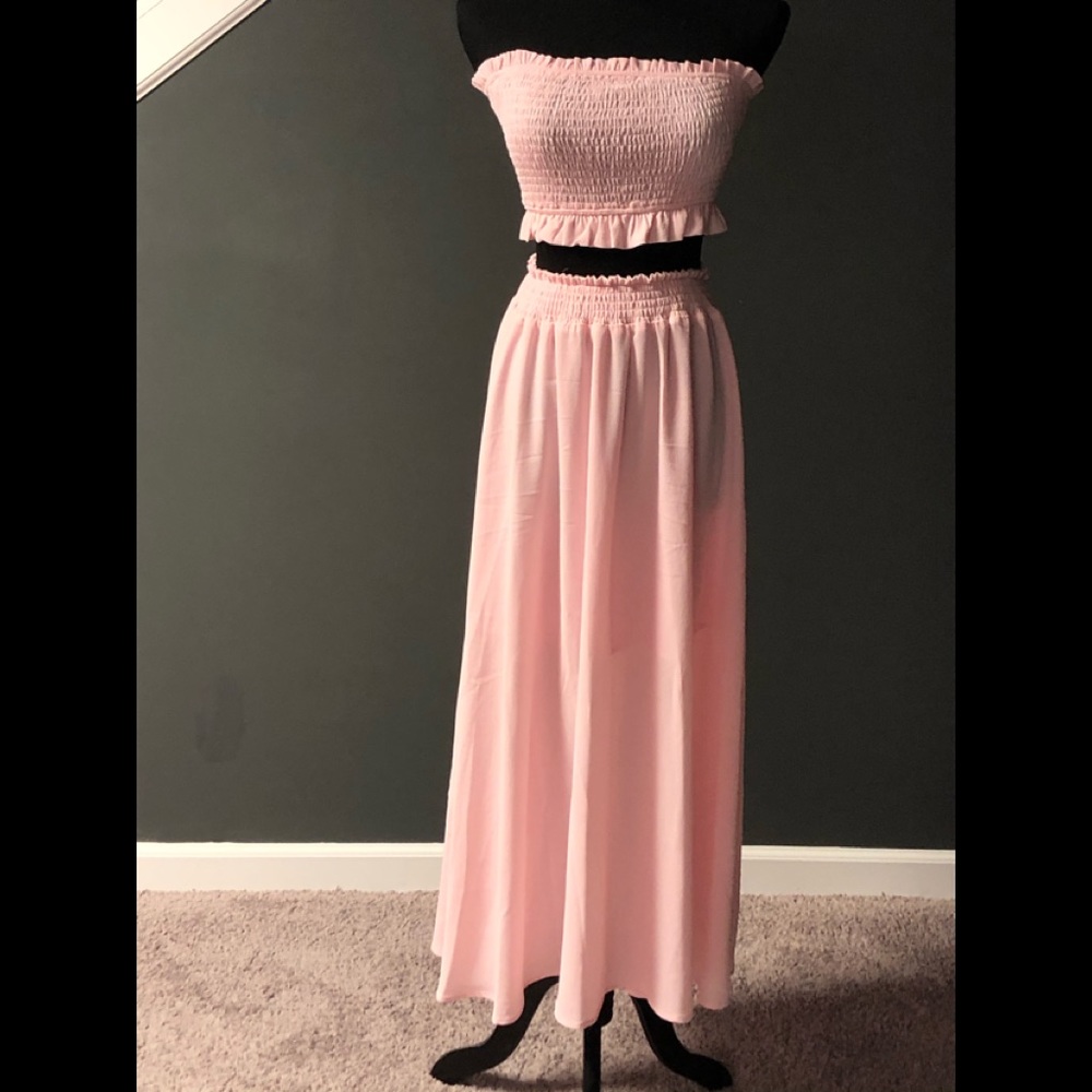 Pink tube top with pink skirt